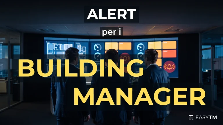 «Alert per i building manager»: tre manager di spalle davanti a una parete di schermi con cruscotti e avvisi