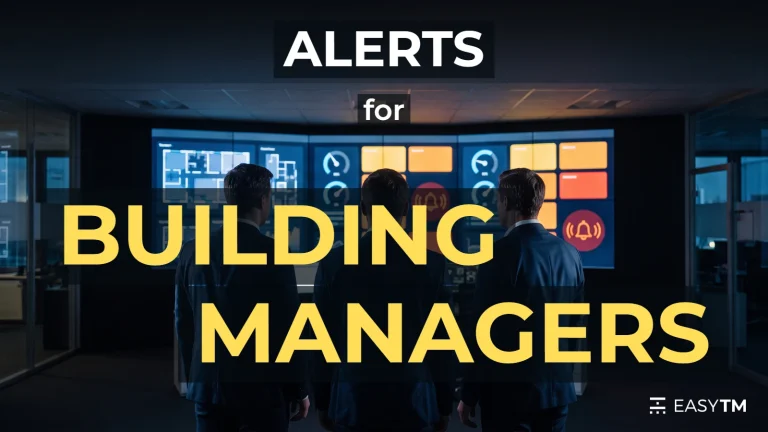 ‘Alerts for building managers’: three managers seen from behind, facing a wall of screens with dashboards and alerts