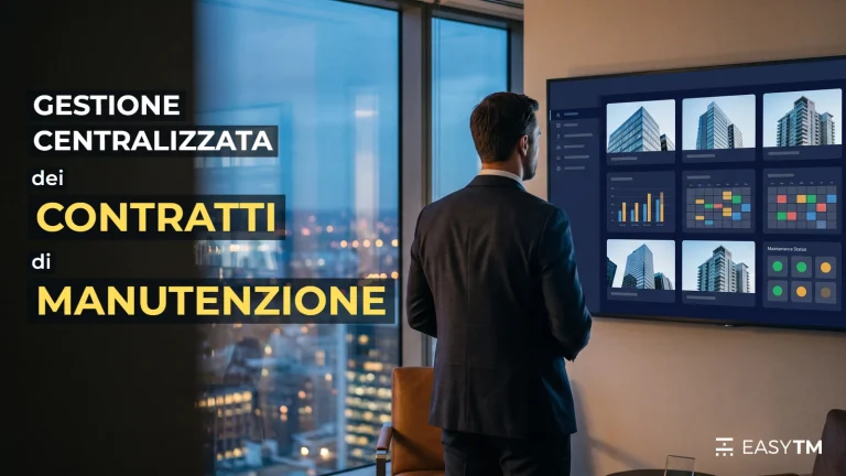 «Gestione centralizzata dei contratti di manutenzione»: un manager davanti allo schermo con edifici e manutenzioni