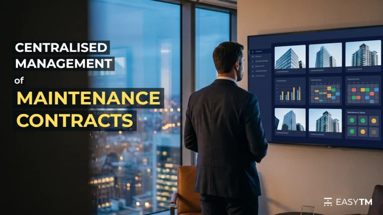 ‘Centralised management of maintenance contracts’: a manager standing in front of a screen showing buildings and maintenance