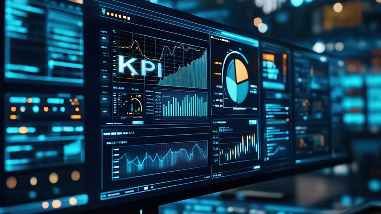 A monitor showing a KPI dashboard with bar, line and pie charts